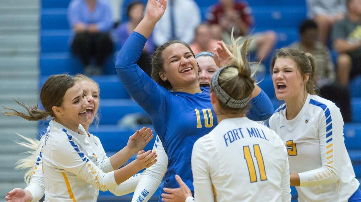 Fort Mill players celebrate another point on their way to a win over Northwestern at home last week.