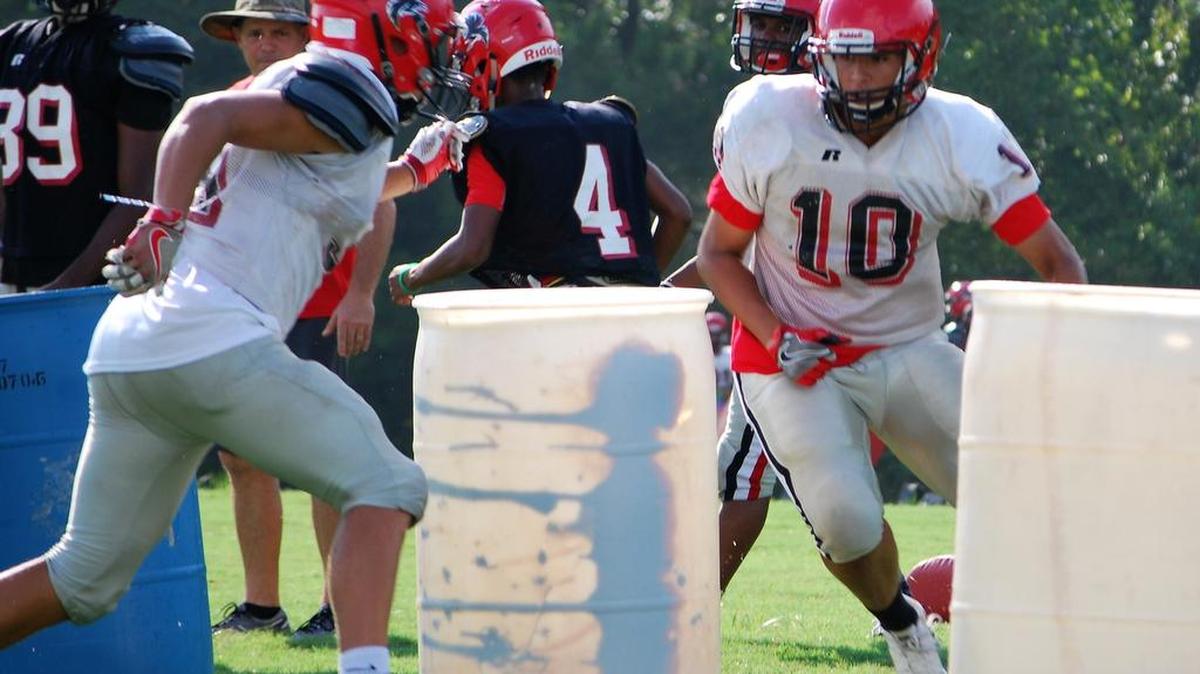 Nation Ford’s Ben Tuipulotu (10) goes through drills during a recent practice. He is coming off a knee surgery.