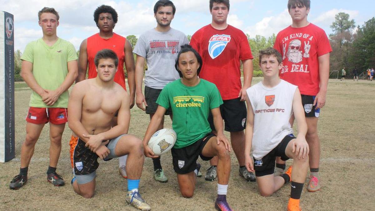 The Charlotte Tigers rugby club team is 6-0 and ranked No. 7 in the nation after beating three state champions, and local players (standing, from left) Fort Mill’s Ezekiel Hobbs, Clover’s Jordan Bush, Clover, Indian Land’s Grant Wolf, Fort Mill’s Trey Reed, Clover’s Michael Wilder (kneeling) Lancaster’s Abdulla Almjarkash, Fort Mill’s Jack Brown and Lake Wylie’s Patrick Hicks have been a big reason why.