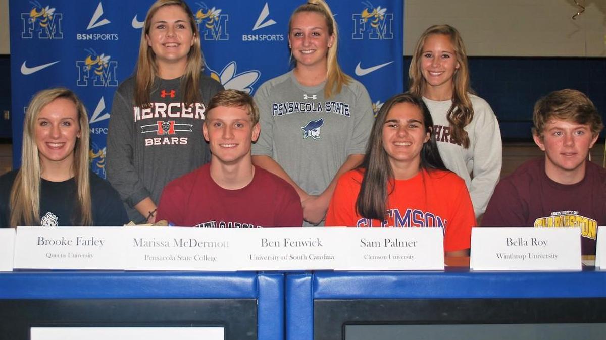 Fort Mill athletes (back row, from left) Lauren Collie, Marissa McDermott, and Bella Roy, along with (front row, from left) Brooke Farley, Ben Fenwick, Sam Palmer and Tyler Patterson will be taking their athletic skills to play on the college stage next year.