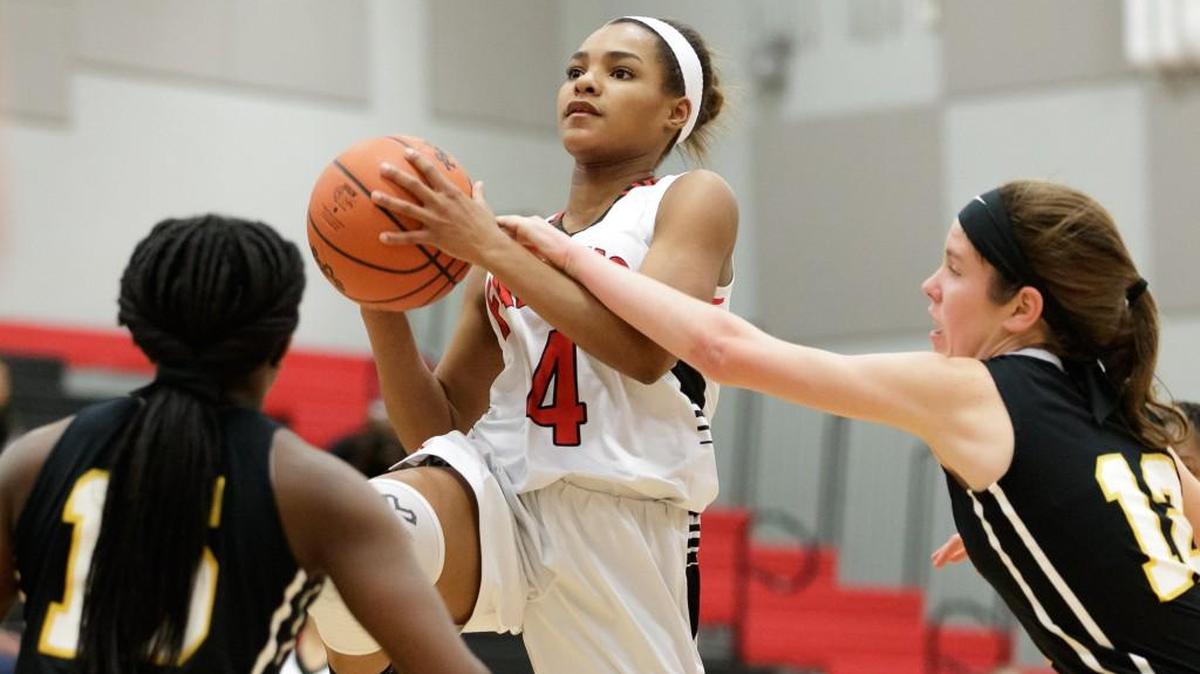 Makayla Blackwell (4) of Nation Ford gets fouled by Greenwood's Shelby Seymore on her way to the basket.