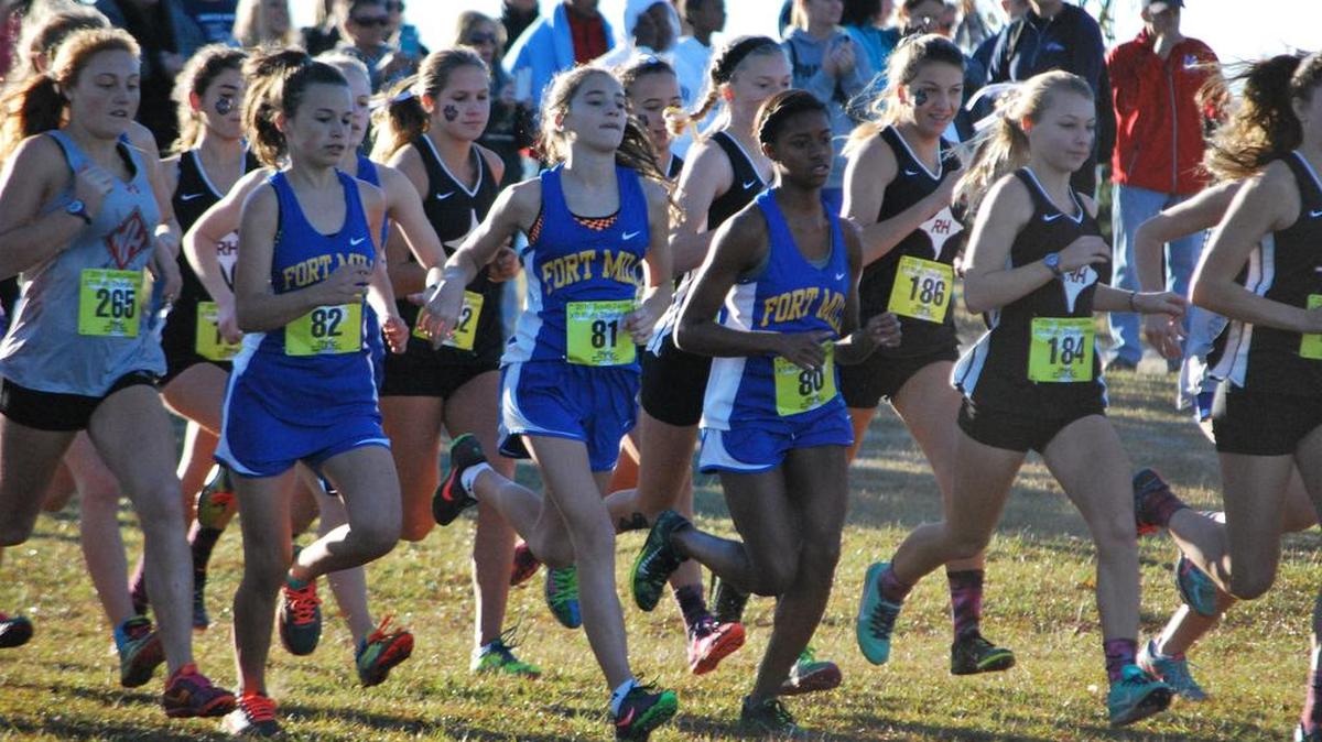 The Fort Mill Yellow Jackets girls’ sqaud takes off from the starting line in the 5A state cross-country championship meet Saturday.