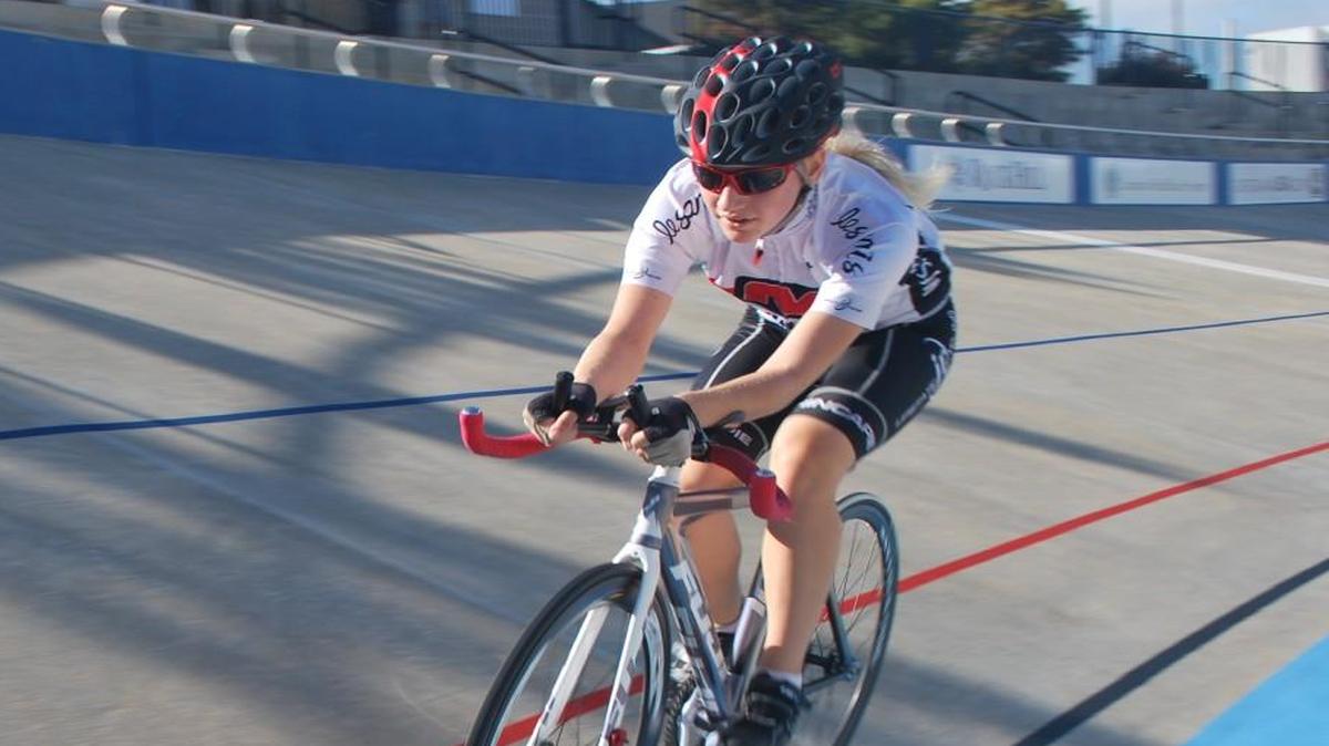 
Cycling champ Sarah Dressel takes practice laps at the Giordana Velodrome in Rock Hill during a recent training session.
