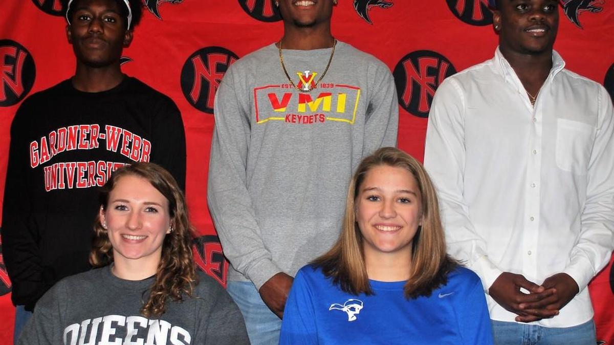 Nation Ford High had five athletes sign letters of intent for National Signing Day Wednesday. Those were, from left, front row, Megan Eastep (Queens University-soccer) and Isabella Dyckes (Spartanburg Methodist-soccer). Back row, from left, Jalen Henderson (Gardner-Webb University-soccer), Tim Smith (VMI-football), and Jy’Montae Drafton (St. Andrews University-football).