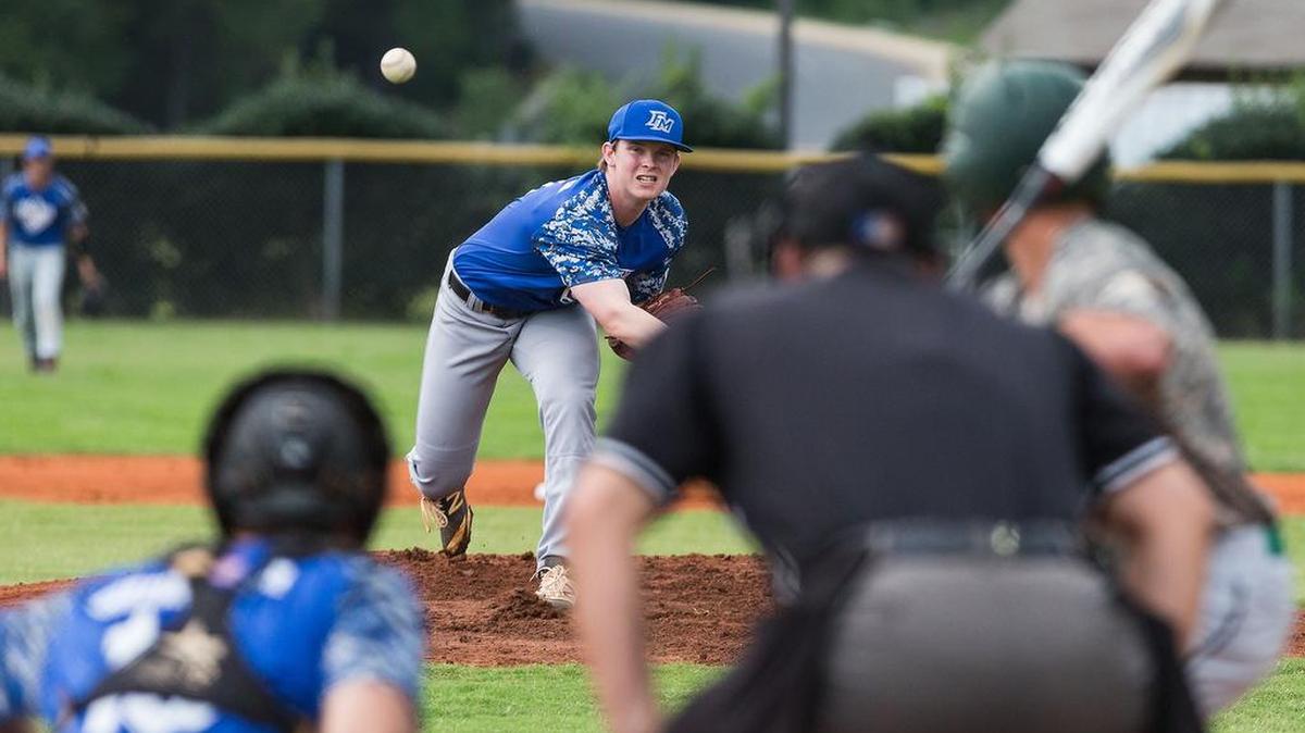Post 43 Pitcher David Madairy throws a strike as Fort Mill hosts Greenwood Post 20 in American Legion Baseball Playoff action in Fort Mill July 5.
