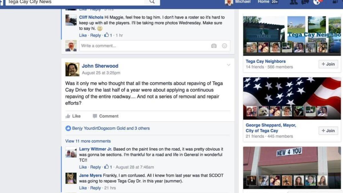 Tega Cay residents discuss a city topic on the citizen-administered Tega Cay City News Facebook page, which is not the city’s official Facebook page.