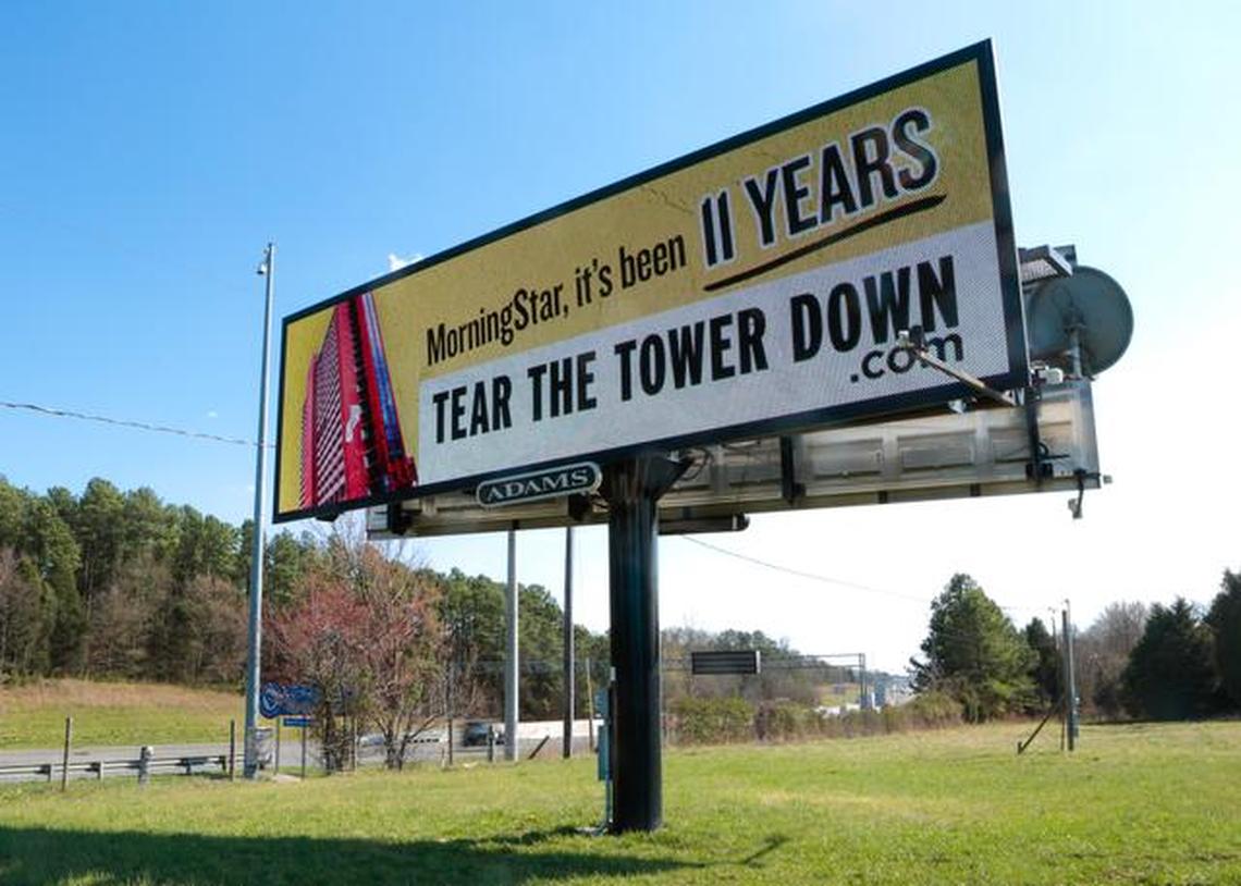 A message on this billboard on Carowinds Boulevard in Fort Mill references how long it’s been since MorningStar took over the former PTL tower.
