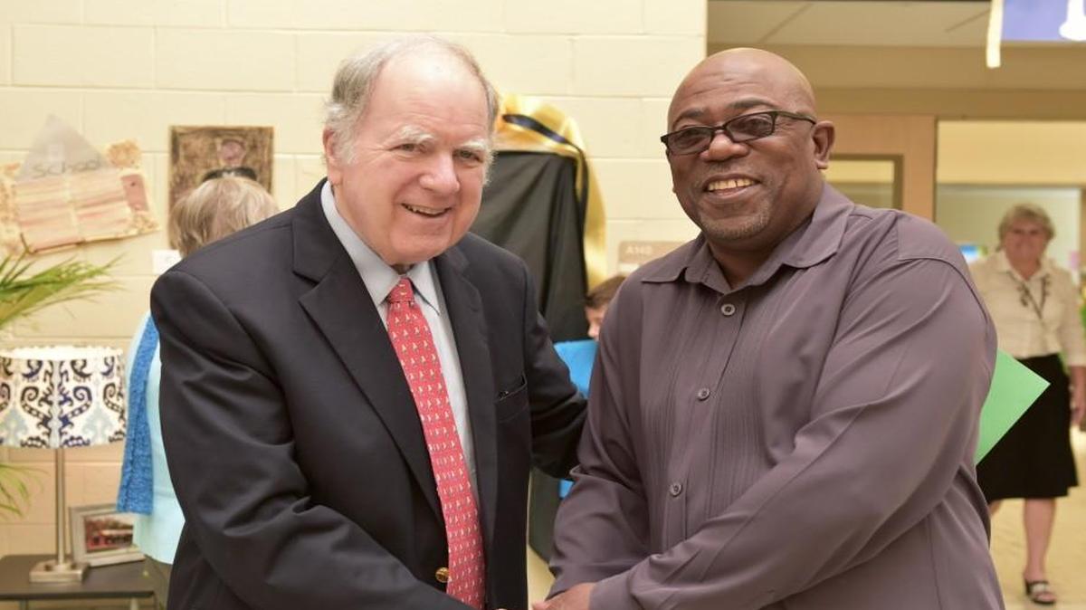 
John Spratt, descendant of the Rev. James Spratt, and James Elliott Spratt, descendant of Solomon Spratt, at the dedication of the Riverview Library last week.
