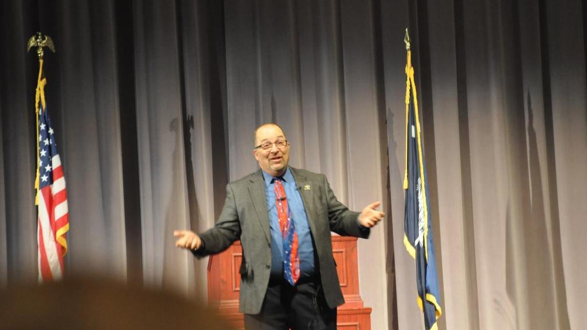 
Joe Dittmar, 9/11 World Trade Center 2 survivor, shared his story Sept. 16 with Clover High School students.
