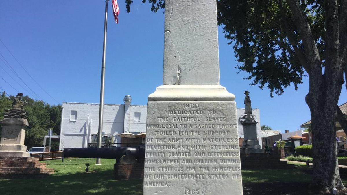 The monument to “slaves” whom the monument claims supported the Confederate Army in Confederate Park in the town of Fort Mill.