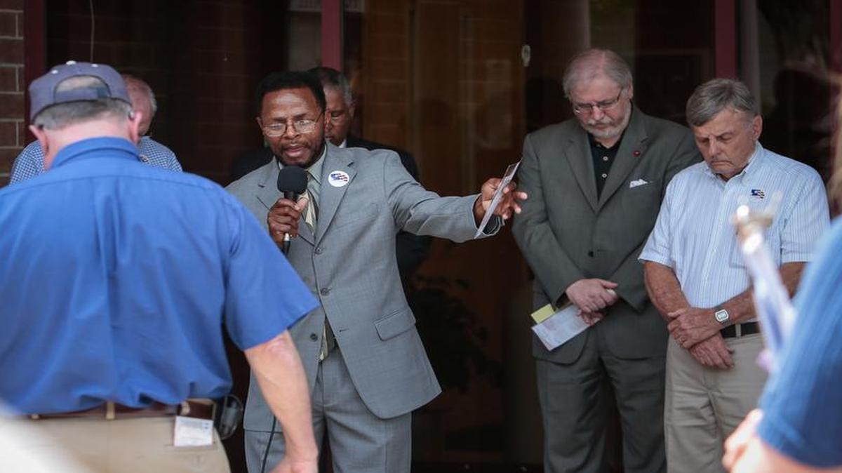 
Pastor Carlwell Culp of Bethlehem Baptist prays for the church as Fort Mill hosts a National Day of Prayer ceremony at Town Hall May 7.
