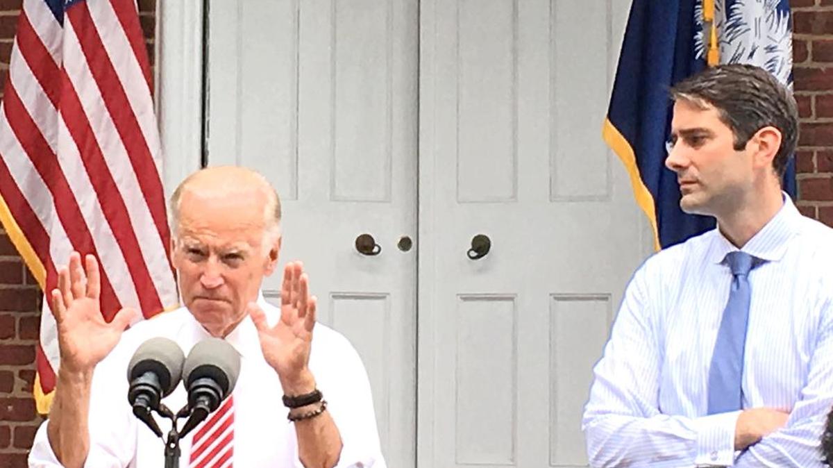 Vice President Joe Biden (left) talks about his former aide, Fran Person (right), a Tega Cay resident who is running for the U.S. House against incumbent Republican Mick Mulvaney (R-Indian Land).