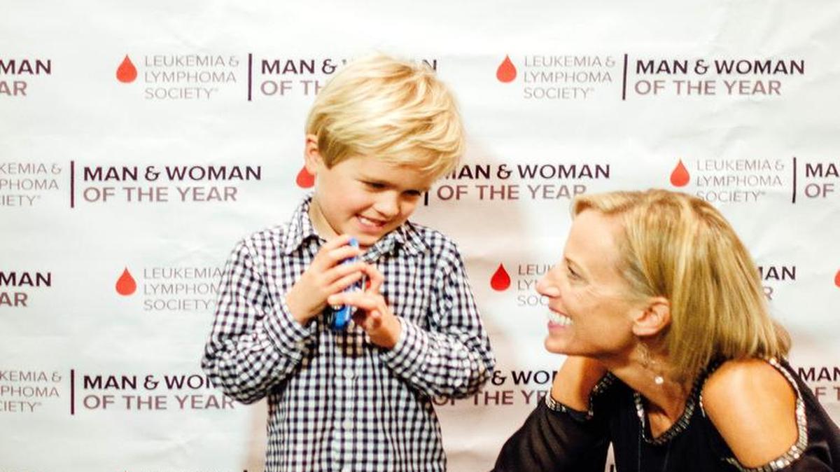 Amy Eberhardt and Levi Vetter, 4, a Leukemia patient who is the Leukemia and Lymphoma Society campaign's Boy of the Year.