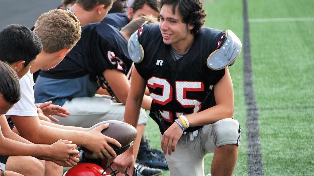 Nation Ford football player Jalen Willers (25) jokes with teammates during a recent practice. The MVP of the recent Cam Newton 7-on-7 tournament, the senior cornerback missed the 2016 season while battling cancer.