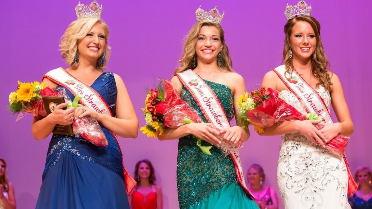 Mrs Strawberry Festival Queen Katie Henson, Teen Strawberry Festival Queen Harper Haley and Miss Strawberry Festival Queen Katlynn Savage stand center stage as Nation Ford hosts the annual Strawberry Festival Pageant.