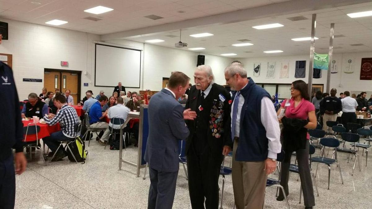 Nearly 350 attended the annual Veterans Appreciation Breakfast Nov. 10 at Clover High School including Rep. Mick Mulvaney, SC-5, left with former Clover High School principal Mark Hopkins, right, and his father Dr. Perry Hopkins, the most decorated veteran in South Carolina.