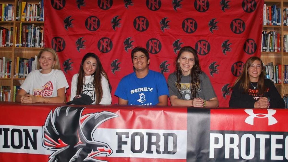 Nation Ford student-athletes who recently accepted scholarship offers are (from left): Sam McNeil, Alicia Izzo, Greg Izzo, Quin Sutphin and Darby Trull.