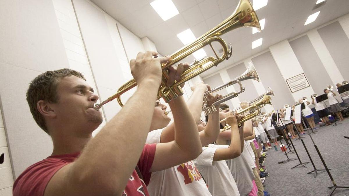 
The Clover High School marching band practices during band camp the week of July 27.
