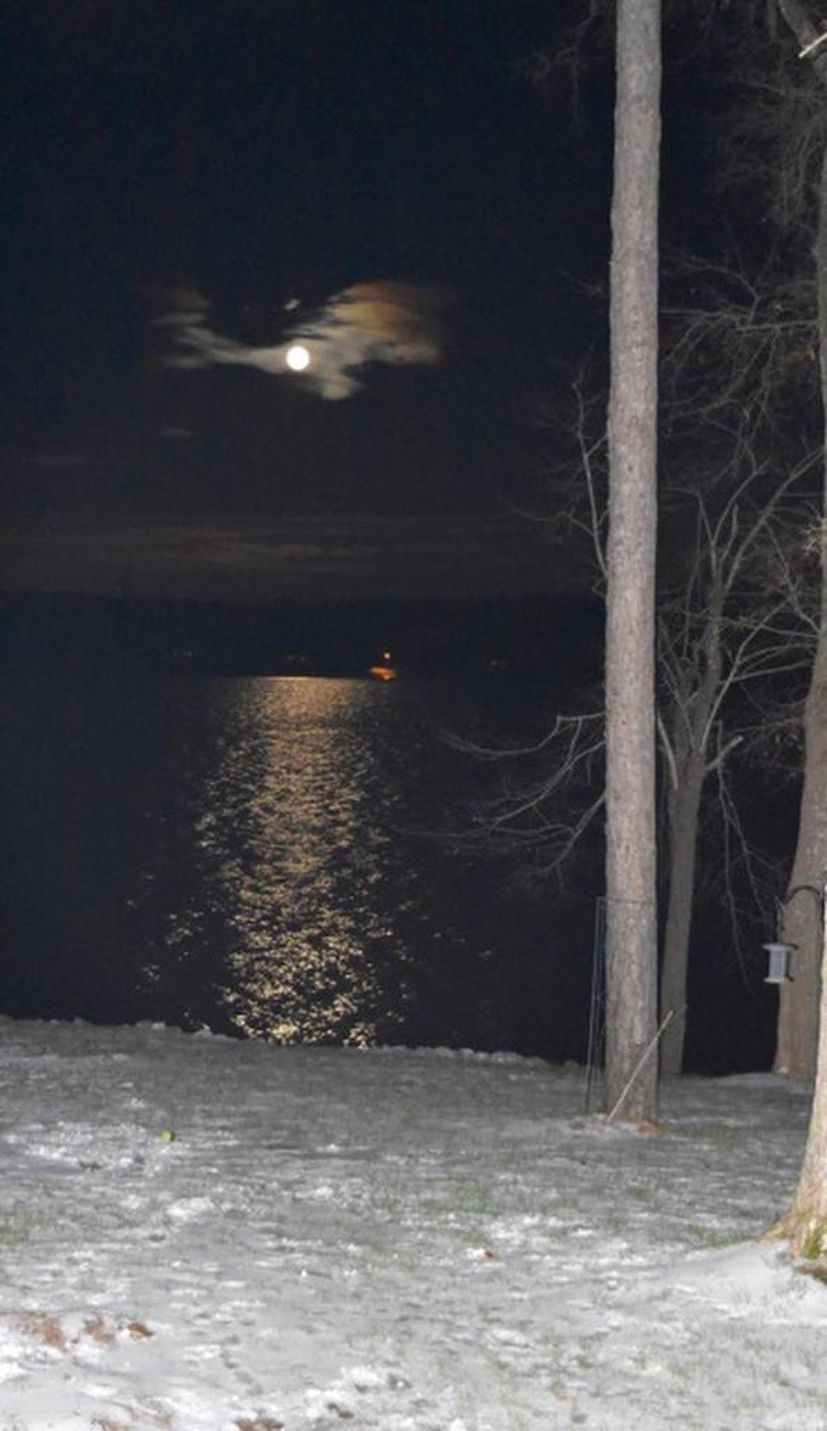The Wolf Moon reflects on Lake Wylie on Jan. 23. “Despite seeing the ice and snow on the ground, the full moon called the Snow Moon doesn’t occur until Feb. 22,” Peggy Shealy said. “Let’s hope we don’t have a repeat storm then.”