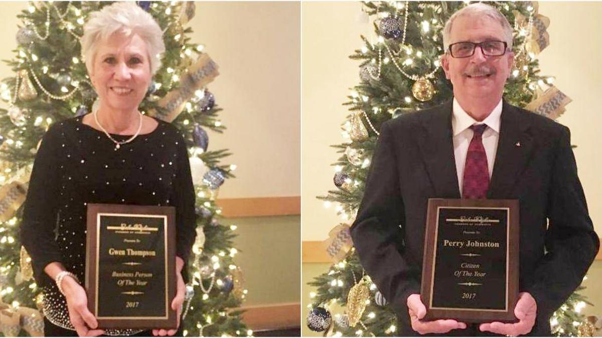 Lake Wylie Chamber of Commerce named Gwen Thompson, left, as 2017 Business Person of the Year and Perry Johnston, right, as Citizen of the Year.
