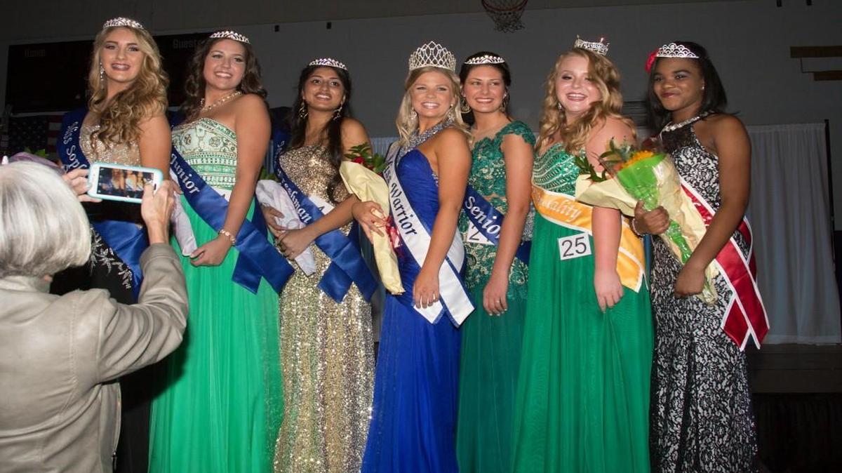 Winners in the 2015 Miss Warrior Pageant at Indian Land High are, from left: Miss Sophomore, Peyton Hood; Miss Junior, Mackenzie Coley; Miss Freshmen, Nisha Patel; Miss Warrior, Macy Chassereau; Miss Senior, Morgan Starkey; Miss Congeniality, Emma Chamberlain, and People's Choice, Paje Law.
