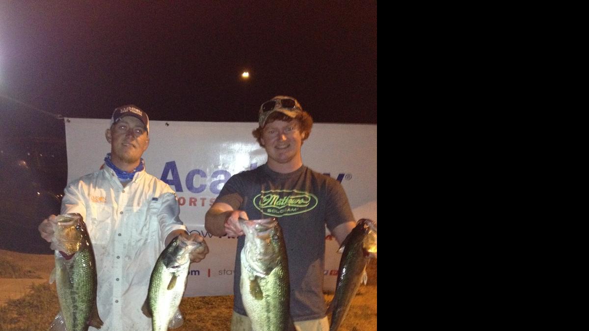 
Matt Garver, left, and Campbell Whisenant took second place May 14 in the Thursday Night Tournament Trail on Lake Wylie with 17.88 pounds. They also reeled in the big fish of the night at 6.30 pounds.
