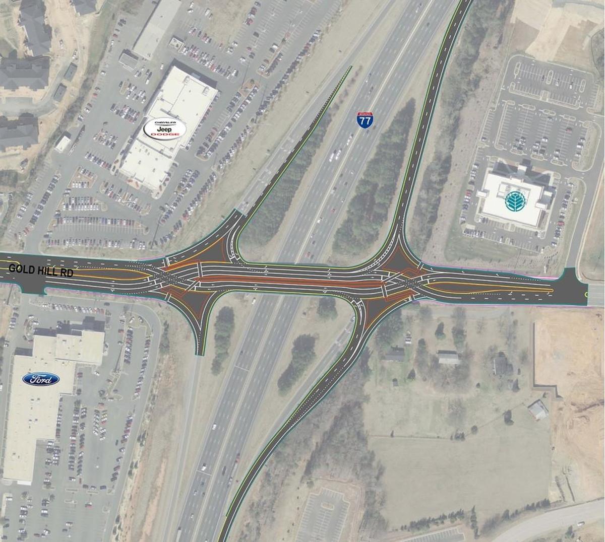 A diverging diamond traffic pattern is planned at the Gold Hill Road/ I-77 interchange. This is an artist’s rendering of the design.