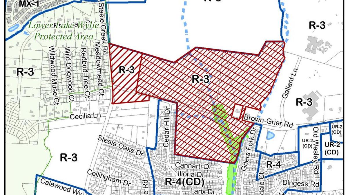 The rezoning map shows Pulte Home Corp. site for about 127.23 acres located on the north and south sides of Brown-Grier Road near the intersection of Steele Creek Road and Brown-Grier Road in Charlotte.