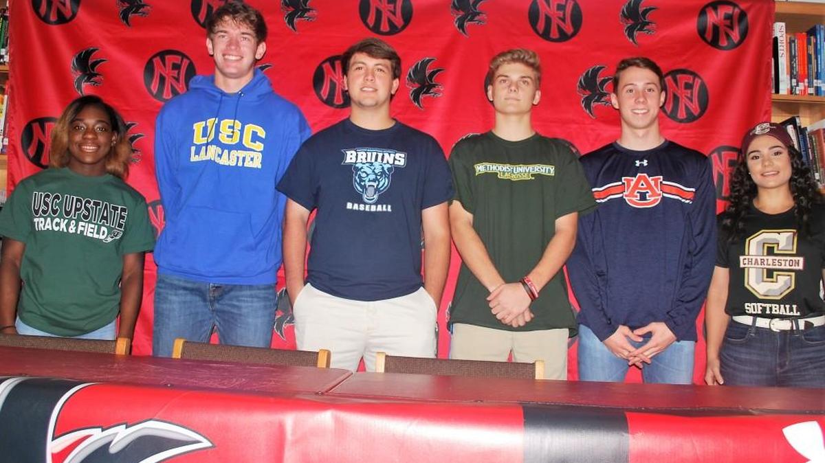 College-bound Nation Ford athletes at their letter of intent signing ceremony are, from left: Angelnique Bryant, Evan Lammers, Matt Levy, Alex Ramadanovic, Ryan Williams and Sabrina Johnson.
