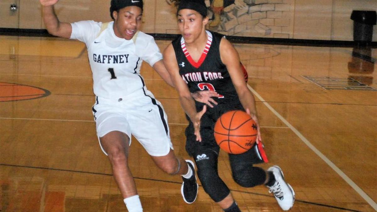 Nation Ford’s Ellona Moulds drives to the basket during the Falcons game against Gaffney.