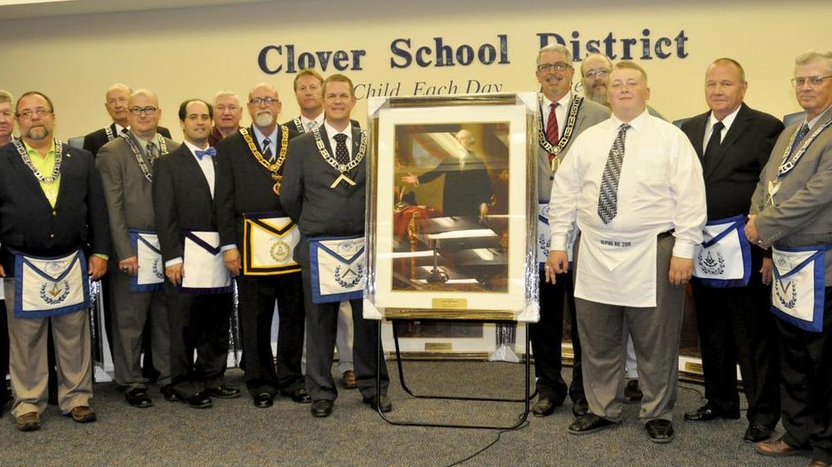 
Alpine Mason Lodge No. 208 donated 12 portraits of George Washington Sept. 22 to the Clover School District.
