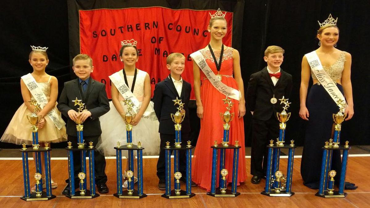 Center Stage Dance Academy performers who won the Southern Council of Dance Masters Chapter 44 Solo Title Competition are (from left): Petite Miss Dance, Emmy Fuller; Petite Mr. Dance, Jackson Chamberlain; Junior Miss Dance, Alyssa Raibstein; Junior Mr. Dance, James Welfare; Teen Miss Dance, Ella Westerburg; Teen Mr. Dance, Daniel Blackwood; and Miss Dance, Caroline Bergvist.