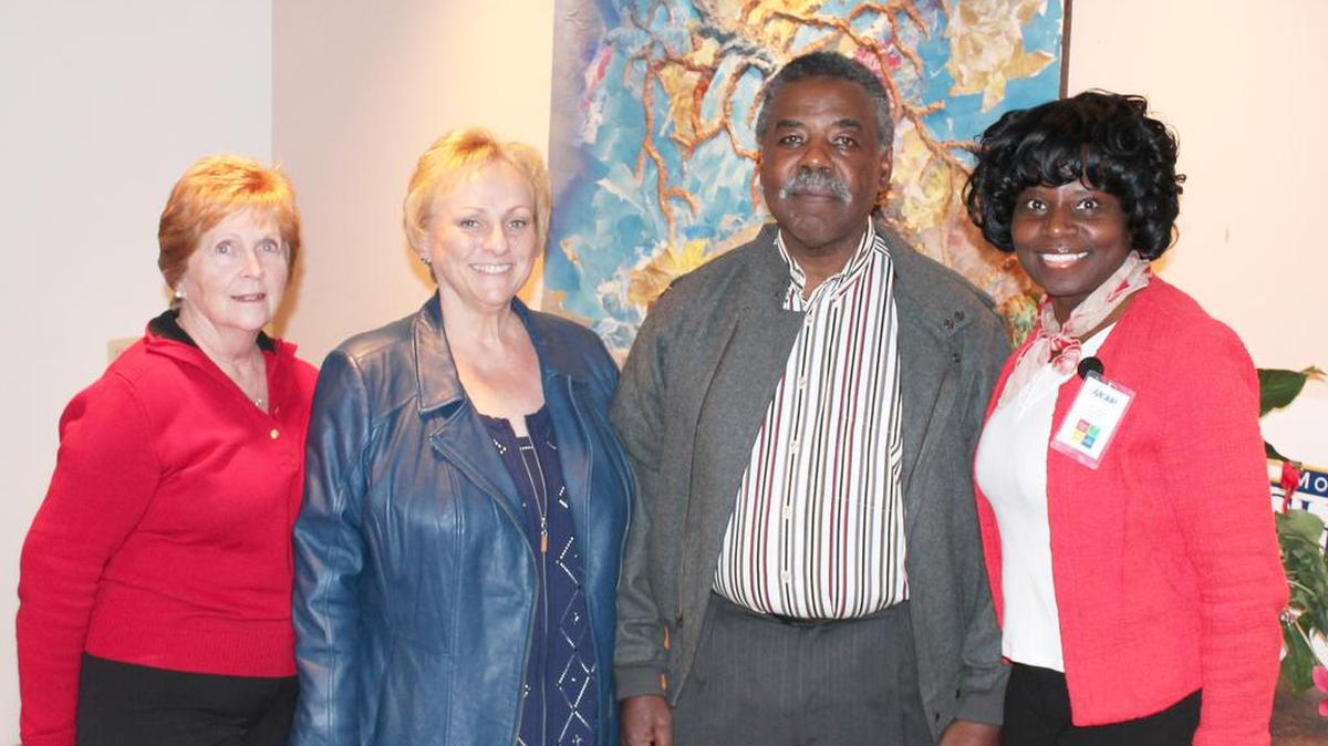 An opening reception for the art exhibit of Roy Lindsay at Montcross Area Chamber in Belmont was held last month. Form left are Keep Belmont Beautiful Director Judy Closson, Chamber Board Chair Melia Lyerly, Lindsay, and Gaston Arts Council Director Kim George.