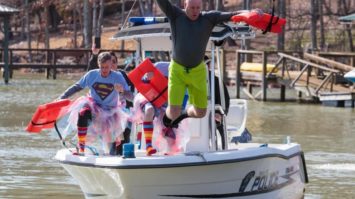 Tega Cay Police Chief Steve Parker kicks off the 2017 Polar Plunge to support Special Olympics of South Carolina at the Tega Cay Beach Club Saturday.