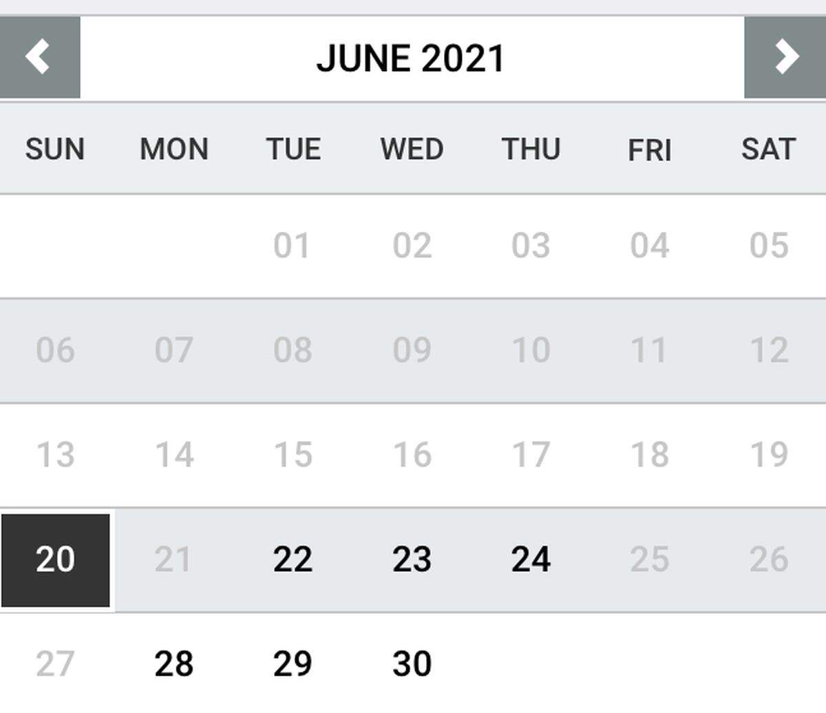 This calendar shows ticket availability for Carowinds and Carolina Harbor for a family of four season pass holders; the dates already filled are grayed-out.