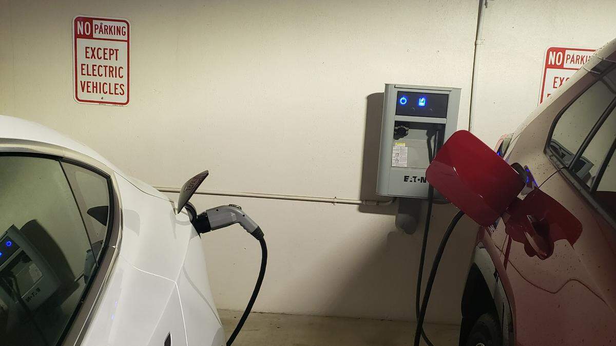 Rock Hill has chargers for electric vehicles at city Hall and the municipal garage. Shown above, cars charge in the municipal garage.