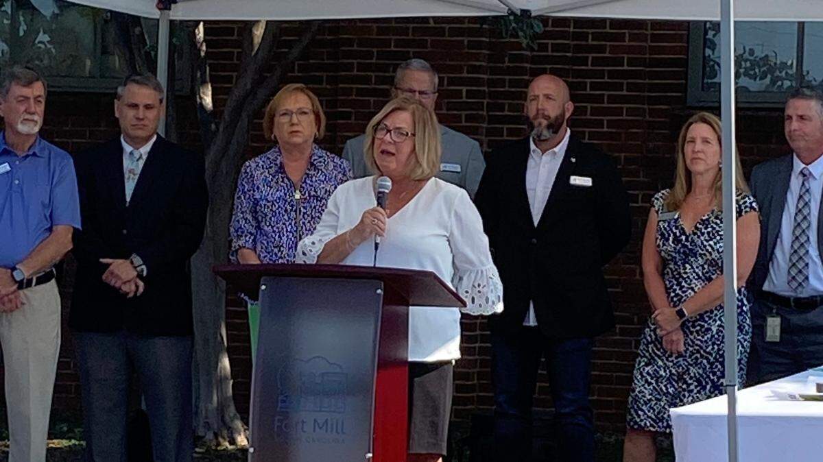Mayor Guynn Savage announces operations center plan outside the National Guard Armory in Fort Mill.