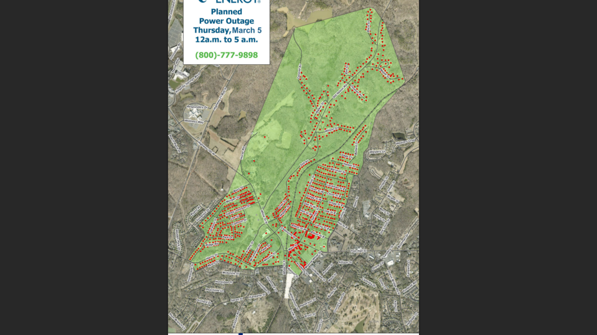 A map shows where about 1,300 customers in Fort Mill will be without power on Thursday morning due to Duke Energy repairs.