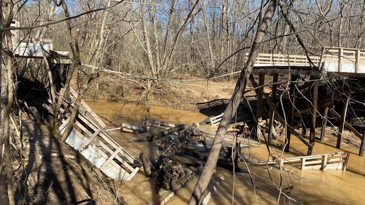 A road bridge, used for pedestrian access, collapsed at the Anne Springs Close Greenway property in Fort Mill.