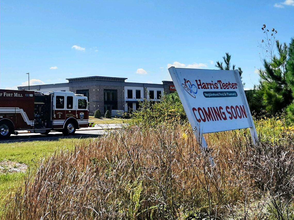 A sign at Fort Mill Parkway and Holbrook Road states a Harris Teeter is coming soon. Fort Mill Town Council and the town planning commission will review plans this month.