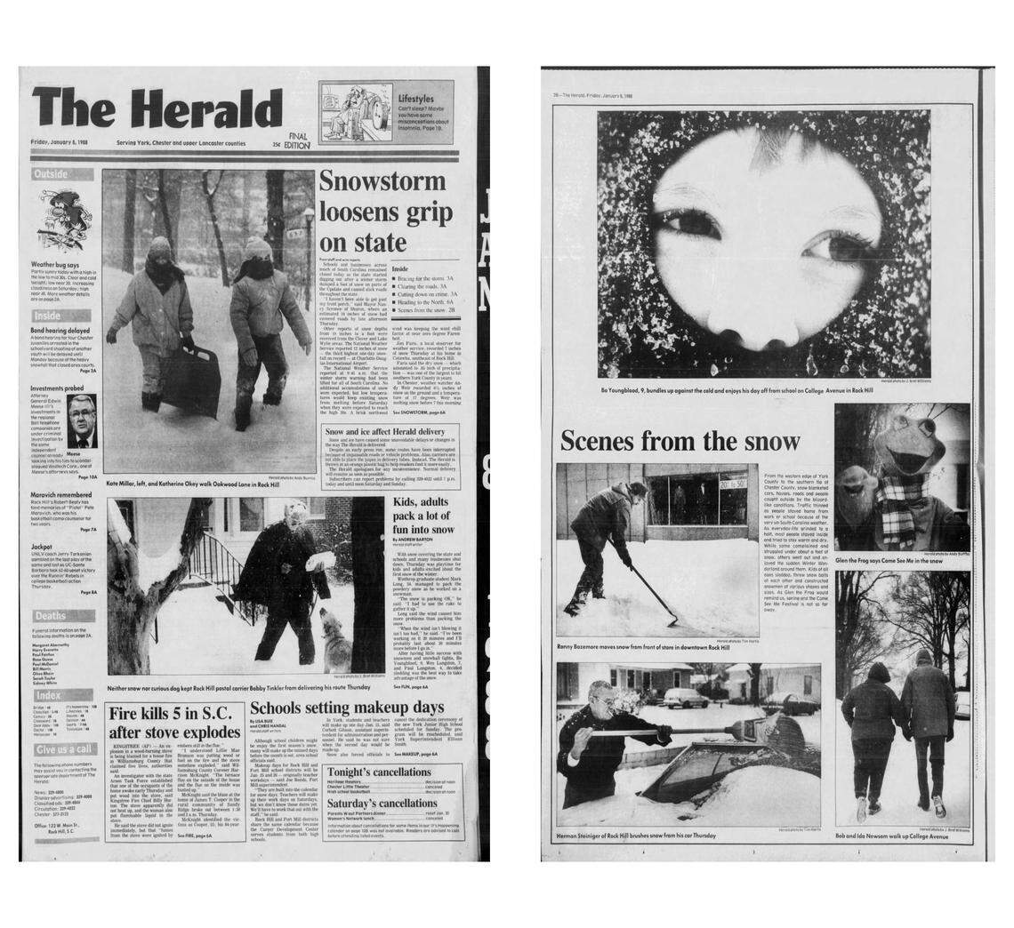 A 1988 storm left snow on the ground for nine straight days, including a foot of snow on Jan. 7.