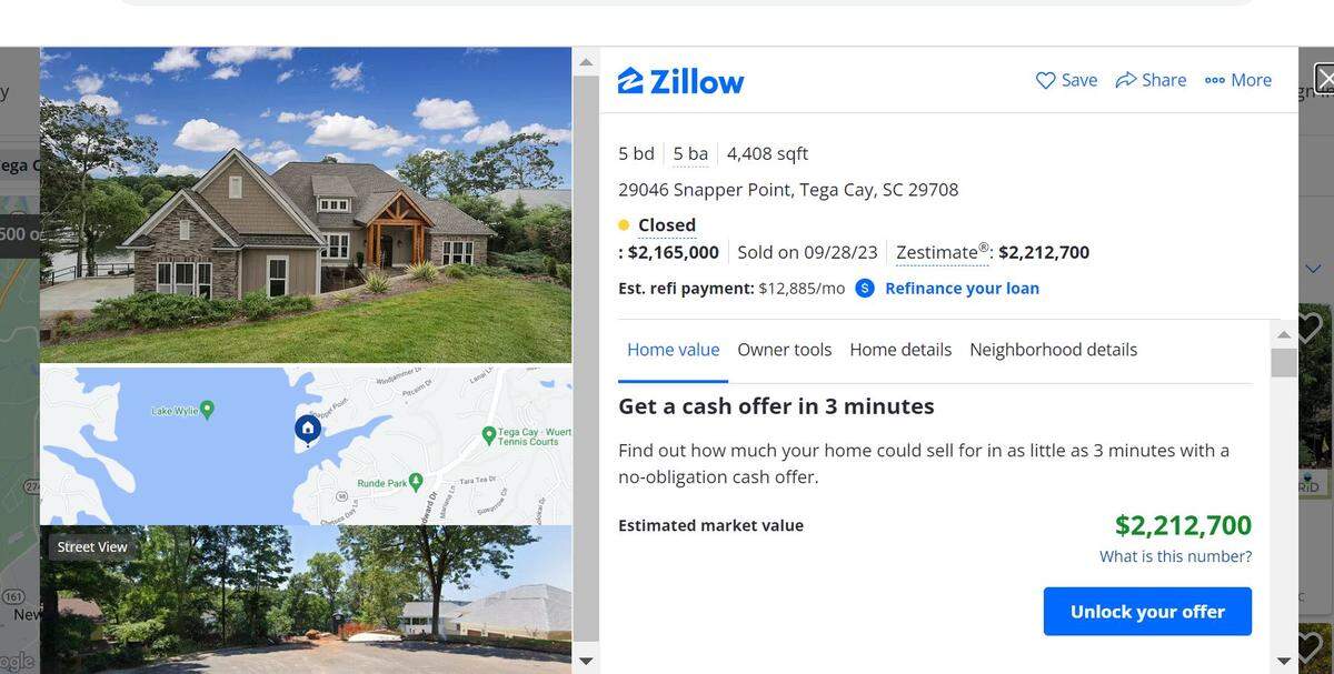 A Tega Cay home on Snapper Point sold last year for almost $2.2 million.
