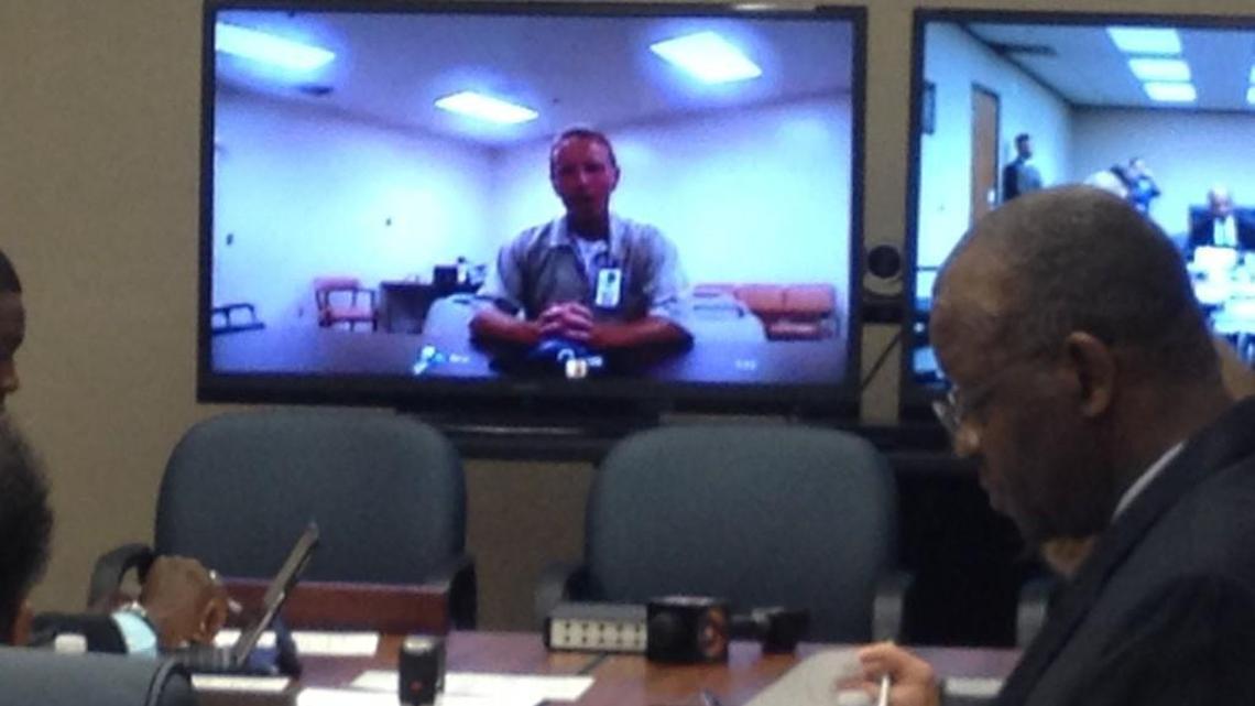 Edward Cronell, now 51, was sentenced to life plus 30 years after he was convicted of murder, rape and burglary. He was denied parole in 2014 and is up again later this month. Cronell is shown on a video screen during the 2014 parole hearing.