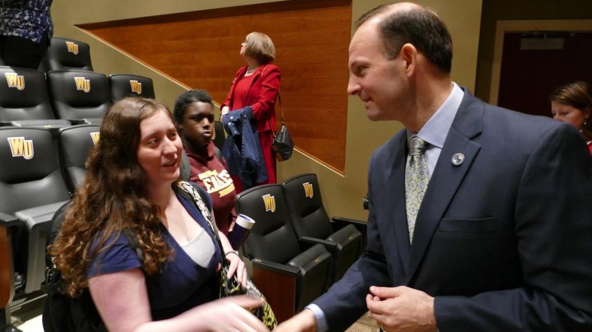 S.C. Attorney General Alan Wilson speaks with Winthrop University student Kayla Owens after addressing a group of students about human trafficking Tuesday. Wilson said human trafficking is one of the fastest growing criminal enterprises in the world, and that until recently, South Carolina was one of the worst states in the country with regard to its laws on the practice.