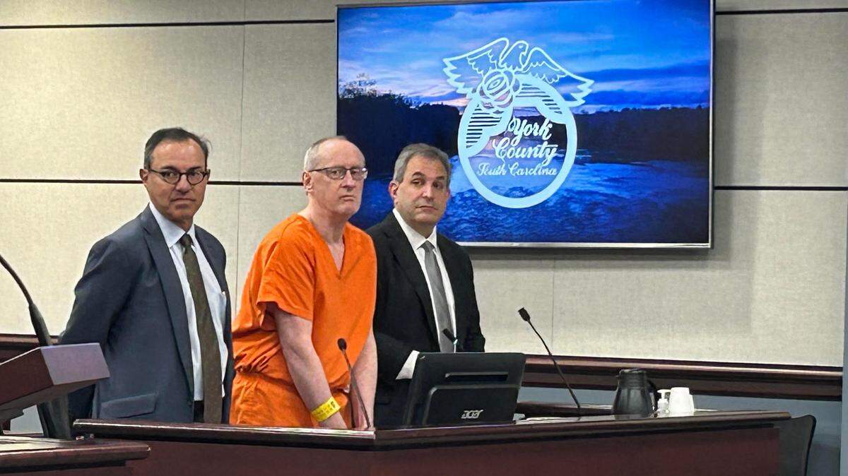 John DiGeronimo, 64, of Virginia, in York County, middle, with his lawyers in York County, South Carolina court Oct. 21, 2024. He was sentenced to 20 years prison for child sex assault against a female child.