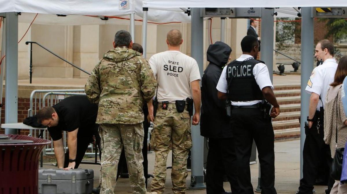 Security is set up in front of Byrnes Auditorium Friday morning.