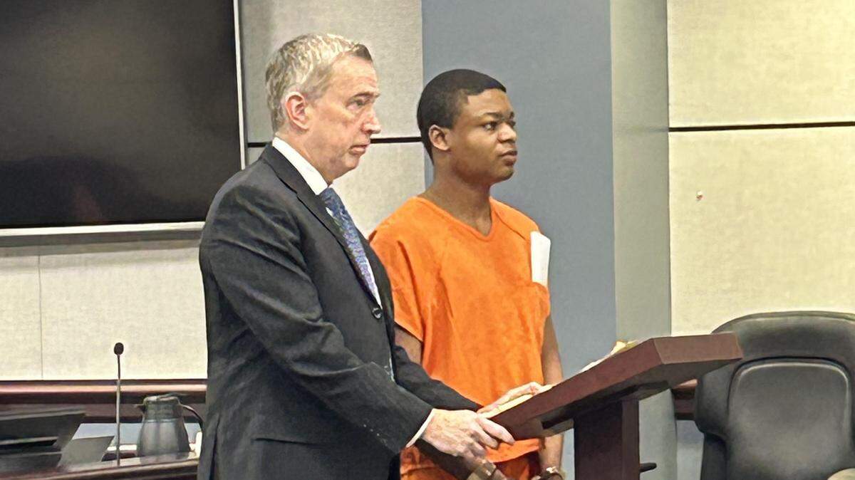 Carnell Mike, right, with his lawyer, 16th Circuit Public Defender B.J. Barrowclough, in court Nov. 17, 2025. Mike pleaded guilty to voluntary manslaughter in the shooting death of friend Jayden Reid, 16.