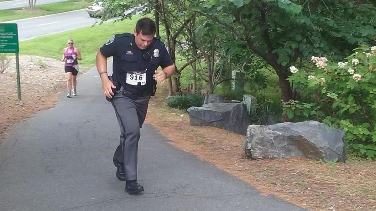 Officer Dustin McHenry, with the Tega Cay Police Department, ran a Memorial Day 5K on Sunday in full uniform. McHenry said he wanted to honor servicemen and women who ‘do everything with 30, 40 more pounds than what I’m carrying.’