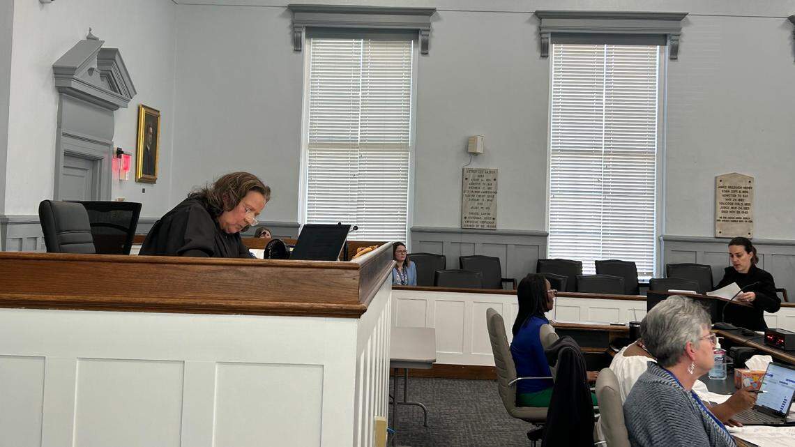 South Carolina Family Court Judge Debra Matthews listens to prosecutor Melissa McGinnis talk on Wednesday about a shootout at Walmart on April 1. A teen, who was in court Wednesday, and five adults are charged.