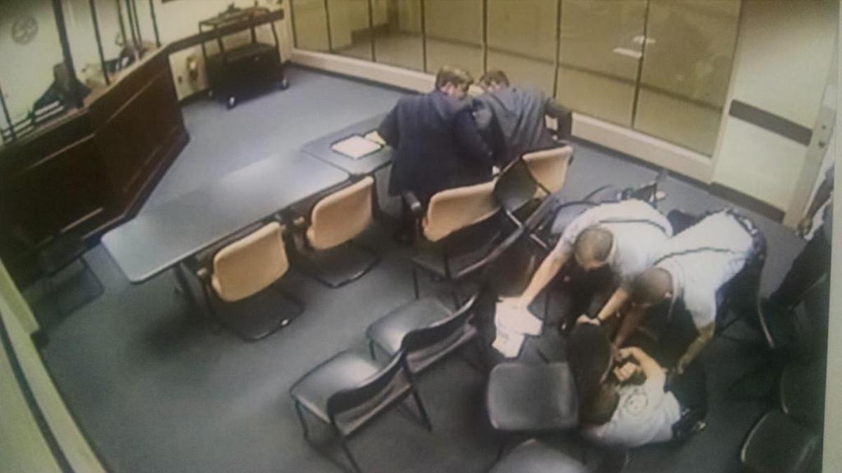 
Two prosecutors jumped out of their chairs as security officers wrestled a suspect to the ground after an outburst in the courtroom. The man now faces additional charges
